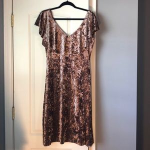 Blush rose gold crushed velvet off shoulder dress